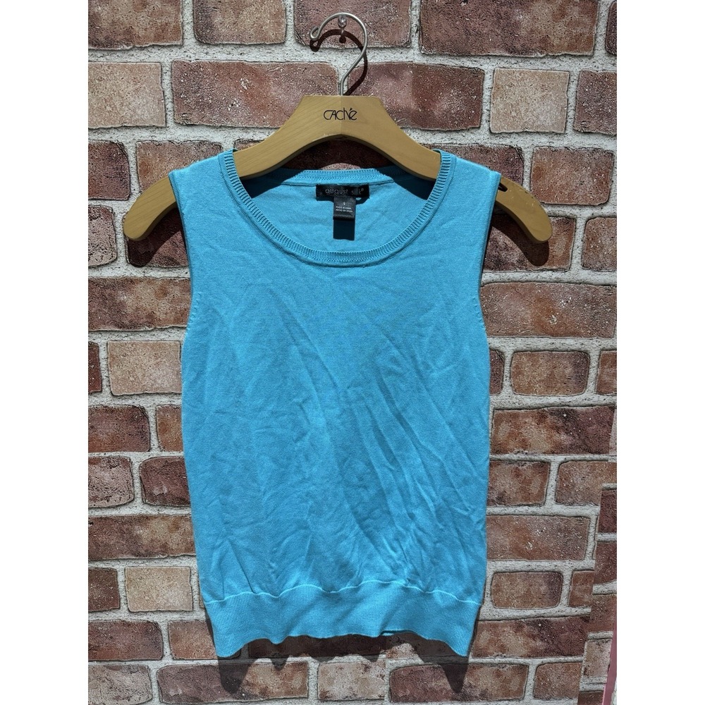 August Silk Tank Top Women's Small Cosmos Solid Blue Ruched Sleeveless Preppy